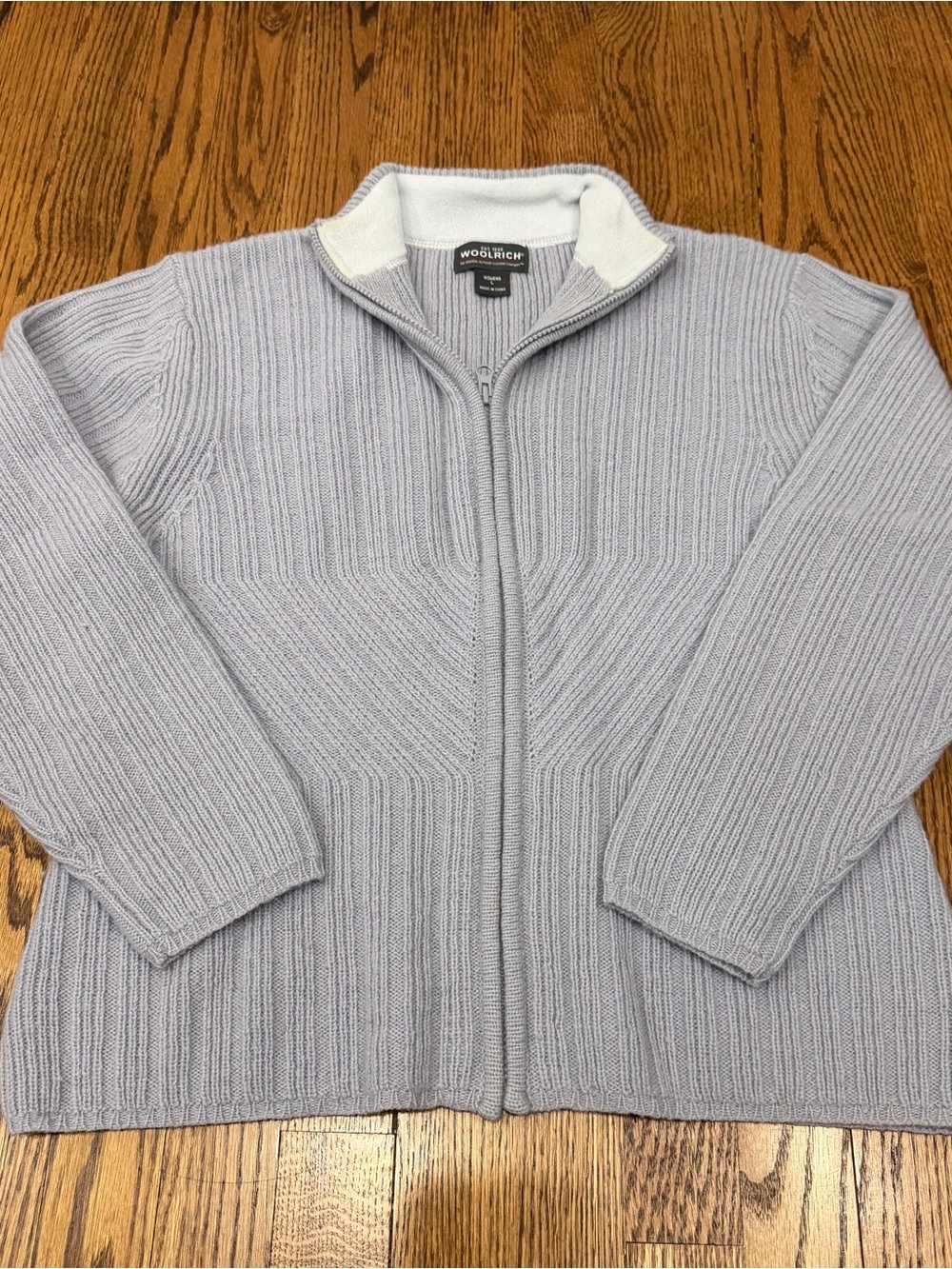 Woolrich Women's Wool Knit Ribbed Full Zip Sweater Cardigan Gray Blue Size L
